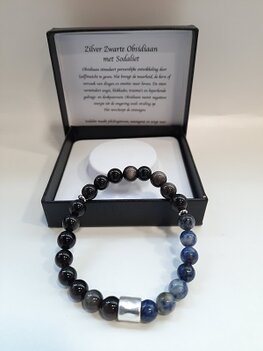 Heren armband zilver zwarte Obsidiaan met Sodaliet