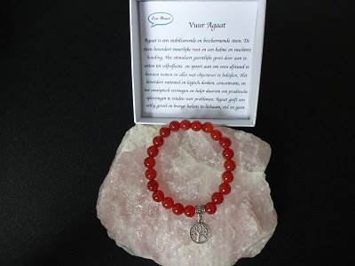 Dames armband Vuur Agaat met tree of lifebedel