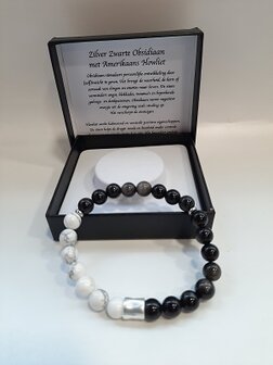 Heren armband zilver zwarte obsidiaan met amerikaans Howliet