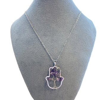 Hamsa hand ketting met natuursteen Amethist