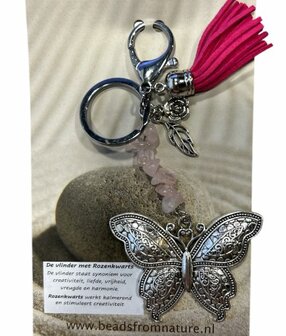 Tas- sleutelhanger Vlinder rozenkwarts