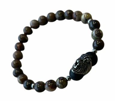 Heren armband  8 mm Picasso Jaspis met leeuw kraal