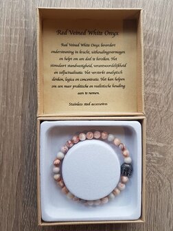 Dames armband natuursteen Red Veined White Onyx RVS Boeddha