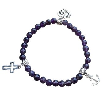 Natuurstenen Amethist armband met bedels van geloof hoop en liefde