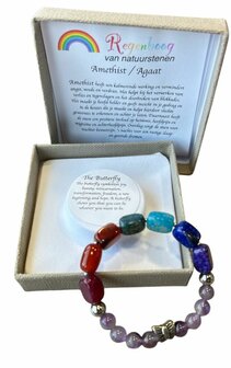 Dames armband Regenboog Agaat met RVS vlinder kraal
