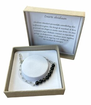 Zilverkleurige schakel armband met zwarte Obsidiaan natuursteen