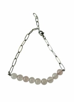 Zilverkleurige schakel armband met Rozenkwarts natuursteen