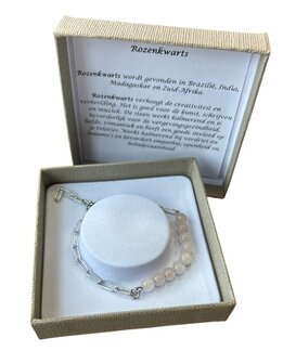 Zilverkleurige schakel armband met Rozenkwarts natuursteen