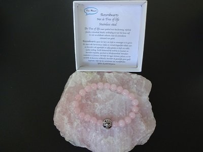 Dames armband Rozenkwarts met RVS Tree of Life kraal