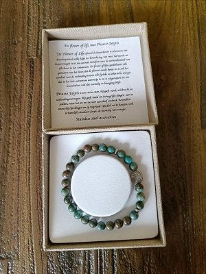 Dames armband blauwe Picasso Jaspis met flower of life kraal