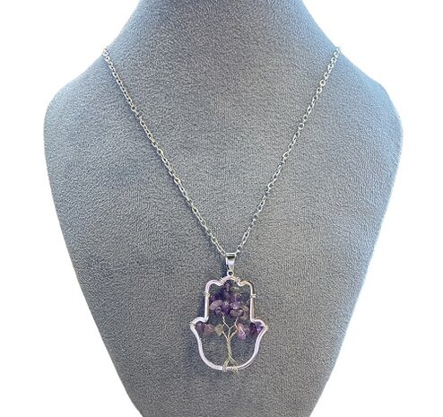 Hamsa hand ketting met natuursteen Amethist