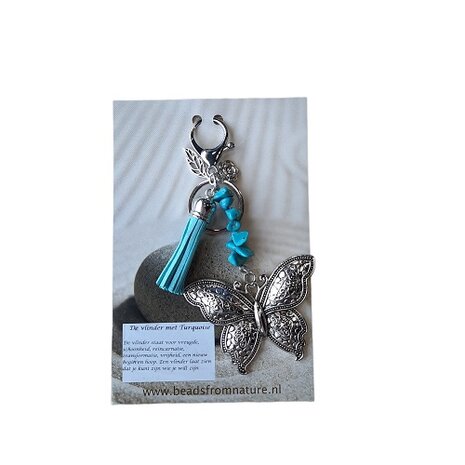 Vlinder sleutelhanger met natuursteen Turquoise