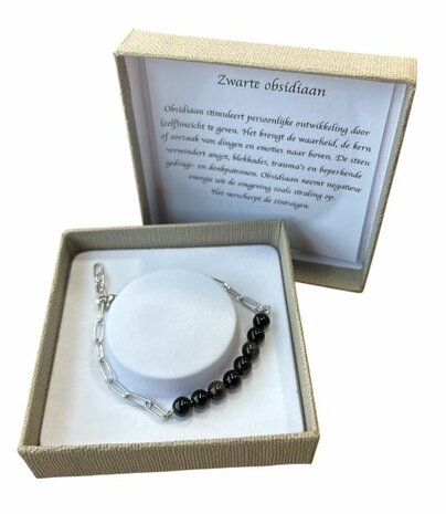 Zilverkleurige schakel armband met zwarte Obsidiaan natuursteen