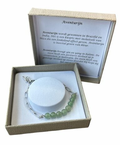Zilverkleurige schakel armband met Aventurijn natuursteen