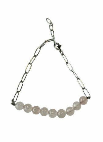 Zilverkleurige schakel armband met Rozenkwarts natuursteen