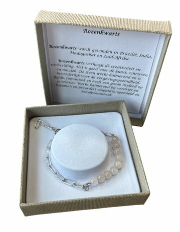 Zilverkleurige schakel armband met Rozenkwarts natuursteen