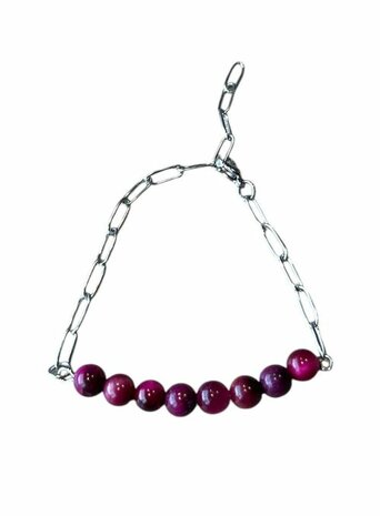 Zilverkleurige schakel armband met fuchsia Tijgeroog natuursteen