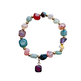 Dames armband multicolor Agaat met goudkleurige RVS tussenkralen