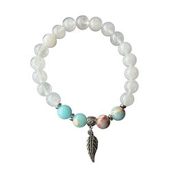 Dames armband Witte Jade en Larderiet 8 mm met veer bedel Dames armband Witte Jade en Larderiet 8 mm met veer bedel