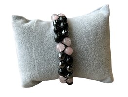 Dames gevlochten armband met Rozenkwarts, Hematiet en Obsidiaan Dames gevlochten armband met Rozenkwarts, Hematiet en Obsidiaan
