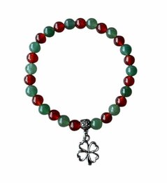 Dames armband Aventurijn en Carneool 6 mm met klaver bedel