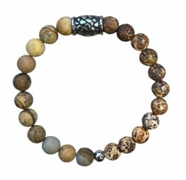 Heren armband Boomschors Agaat en gele Jaspis 8 mm met vlecht kraal