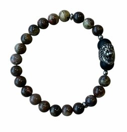 Heren armband  8 mm Picasso Jaspis met leeuw kraal Heren armband  8 mm Picasso Jaspis met leeuw kraal