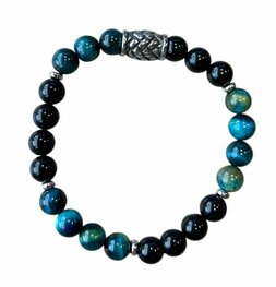Heren armband 8 mm zwarte Obsidiaan en Tijgeroog met vlecht kraal