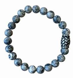 Heren armband 8 mm Picasso Jaspis grijs met vlecht kraal