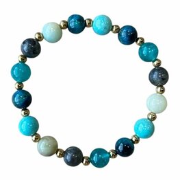 Dames armband stenenmix blauw 8 mm met goudkleurige kralen