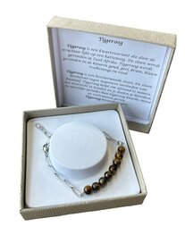Zilverkleurige schakel armband met Tijgeroog natuursteen