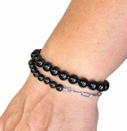 Zilverkleurige schakel armband met zwarte Obsidiaan natuursteen